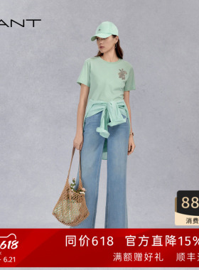 GANT/甘特春夏季新款女装裤棉莱赛尔混纺浅蓝色直筒阔腿牛仔裤子