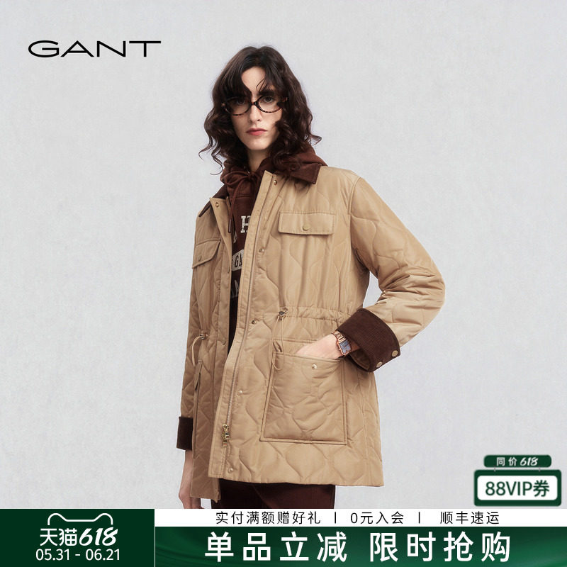 GANT/甘特25秋冬新款女士复古撞色翻领收腰绗线棉服显瘦宽松外套