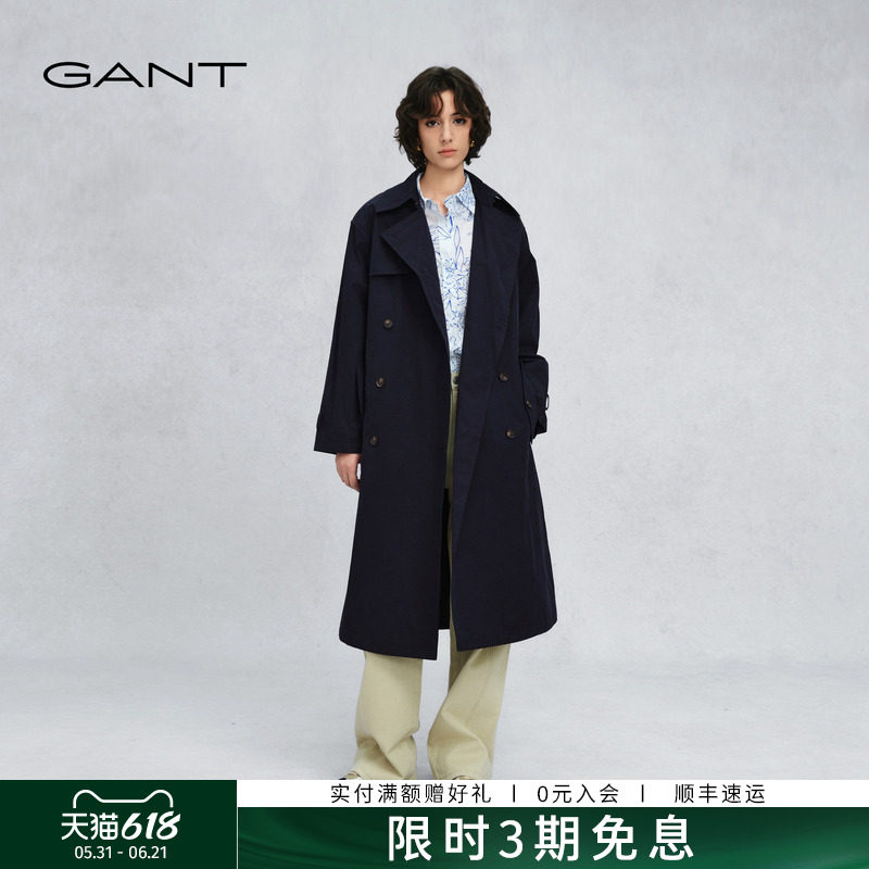GANT/甘特2026春季女士翻领休闲中长款风衣极简通勤直筒宽松外套