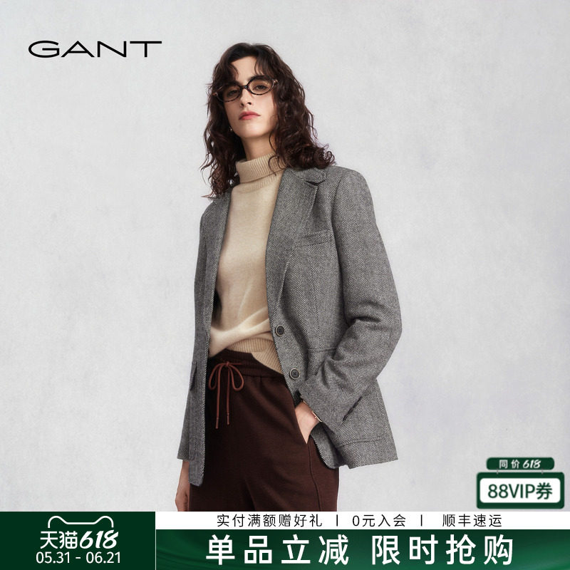 GANT/甘特春秋新款女士宽松休闲复古风毛呢人字纹通勤单西服外套