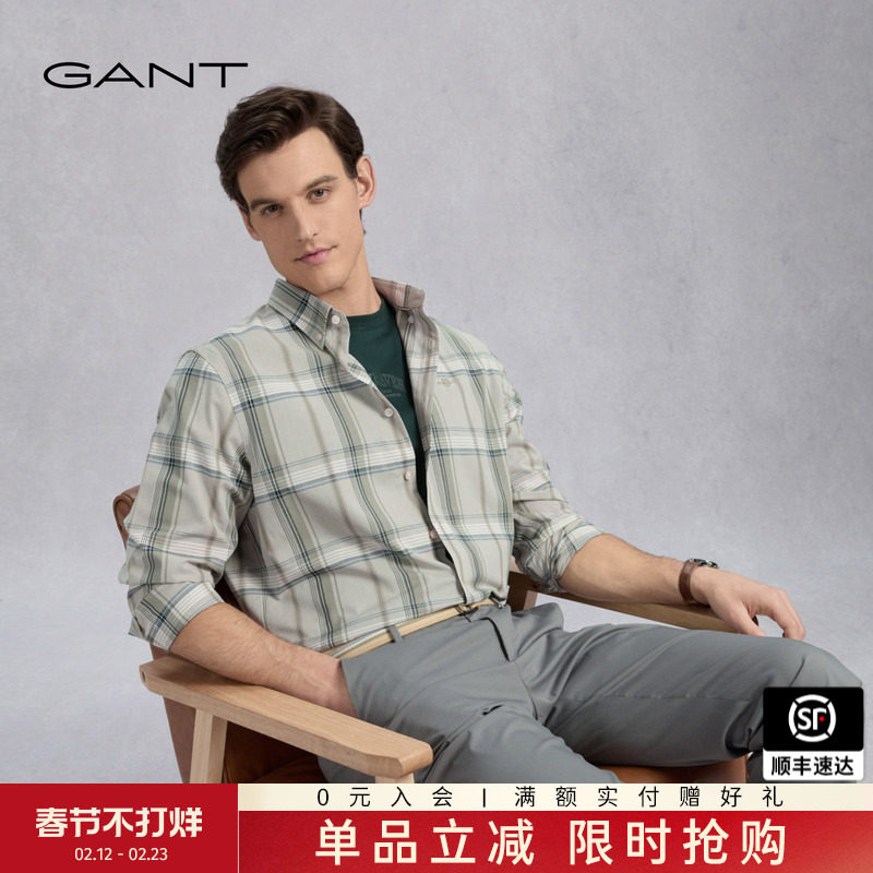 GANT/甘特2025夏新款男士棉麻舒爽衬衣复古格纹休闲通勤长袖衬衫