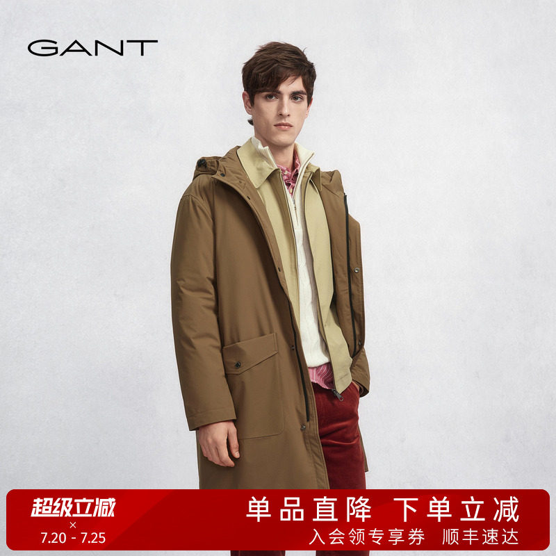 GANT/甘特秋冬男士中长款外套连帽厚款拉链时尚御寒通勤休闲棉服