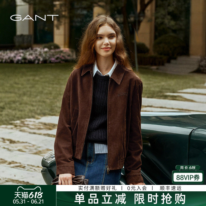 GANT/甘特2025年秋冬新款女士美拉德棕色翻领羊反绒皮衣夹克外套