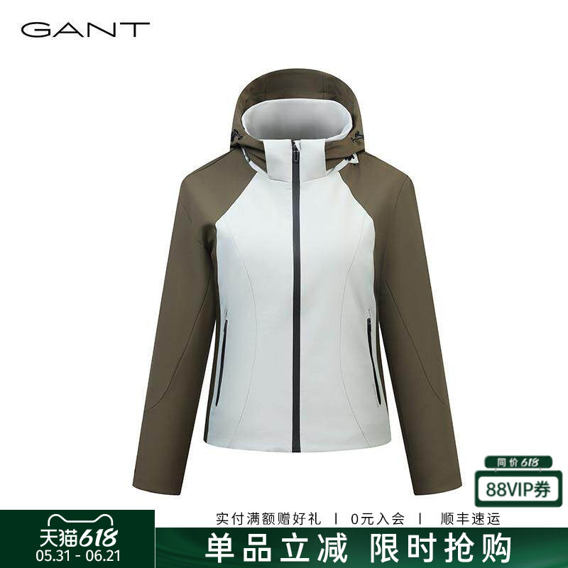 GANT/甘特秋冬新款女士抽绳连帽工装风衣外套拼色运动休闲夹克
