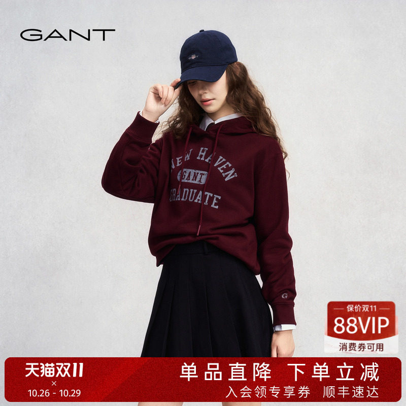GANT/甘特25年秋冬女士加绒外套上衣学院风刺绣休闲运动连帽卫衣