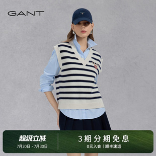 甘特25新款 GANT 女纯棉羊毛学院风马甲蓝白撞色条纹复古针织背心