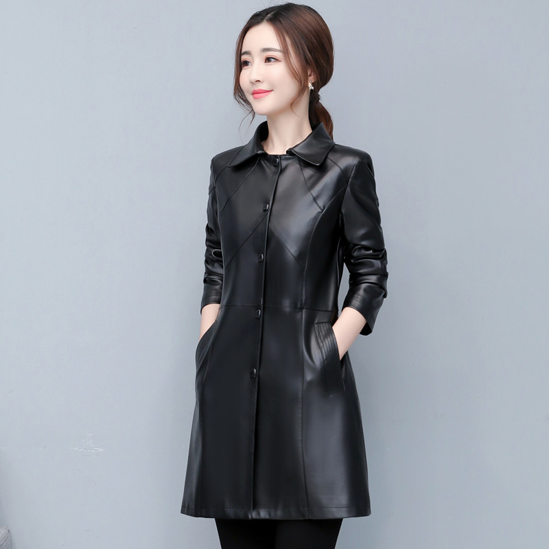 单排扣修身女士皮衣中长款2020秋冬新品时尚口袋pu皮夹克风衣外套