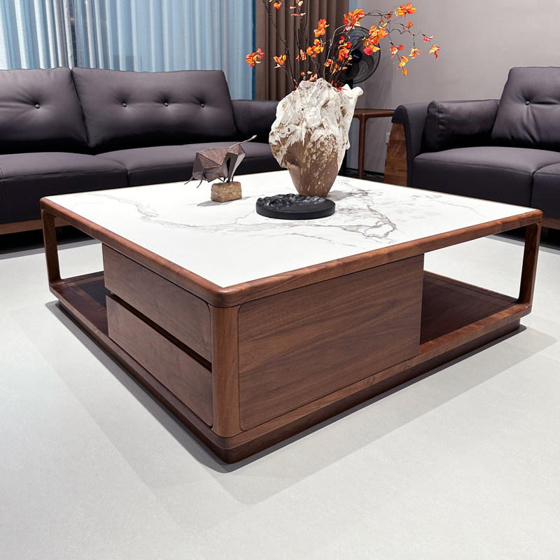 北美黑胡桃木大茶几家用客厅方几抽屉意式轻奢岩板实木正方形茶几