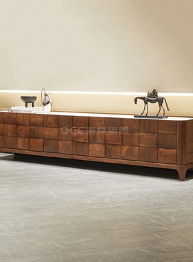 意式极简电视柜北美黑胡桃木电视机柜设计师款实木方块岩板面包柜