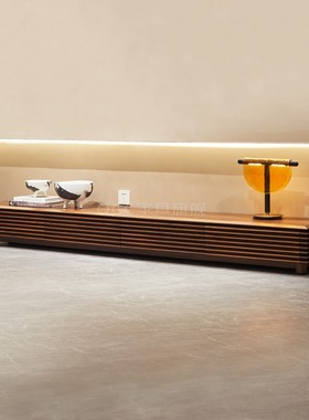 北美黑胡桃木电视柜设计师款风琴矮地柜低轻奢风电视机柜实木客厅