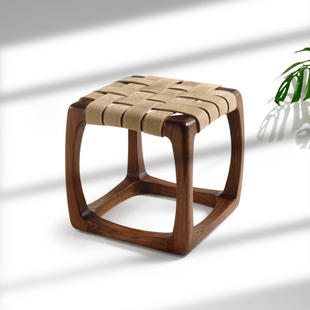 QCC设计师矮凳北美黑胡桃木换鞋 凳儿童小板凳极简真皮梳妆凳茶凳