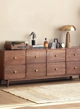 北美黑胡桃木高电视柜卧室电视机柜客厅八斗柜意式轻奢实木储物柜