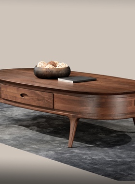 北美黑胡桃木茶几设计师轻奢茶几北欧客厅椭圆形茶几桌实木沙发桌
