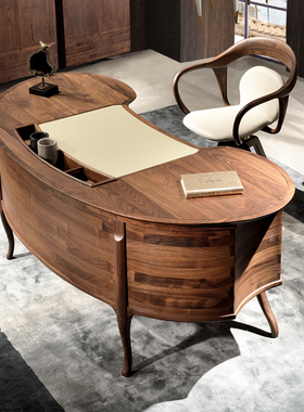 设计师款意大利书桌北美黑胡桃木高级办公桌实木老板桌别墅电脑桌