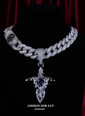 LFL欧美嘻哈饰品 满钻恶魔之剑紫水晶十字架吊坠朋克百搭潮流挂坠