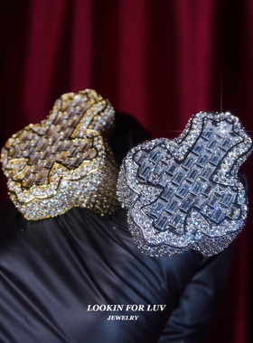 LFL欧美嘻哈戒指 T方镶钻十字架戒指个性时尚潮流美式小众指环