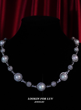 LFL欧美嘻哈饰品 12mm满钻镶嵌珍珠项链 复古个性百搭配饰