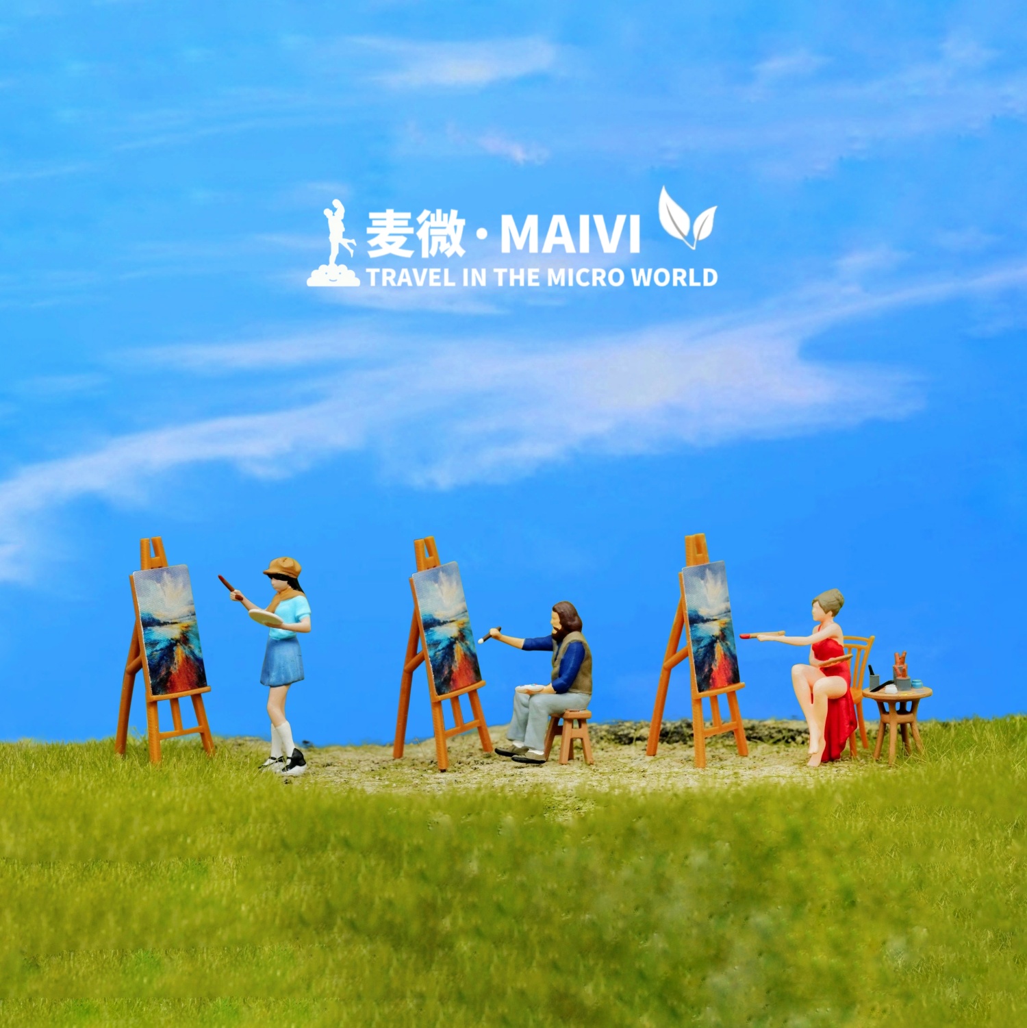 1:64麦微人偶画家画画的人苔藓微景观微缩微拍模型配沙盘场景小人