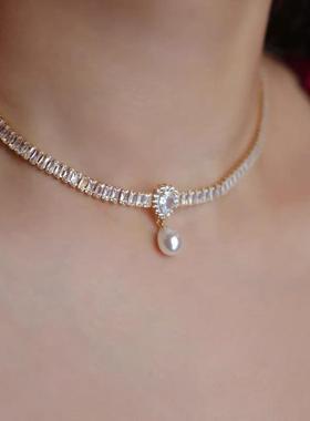 珍水晶颈链高级感奢复古轻重78495工镶项链女铜锆石巴洛克水滴珠