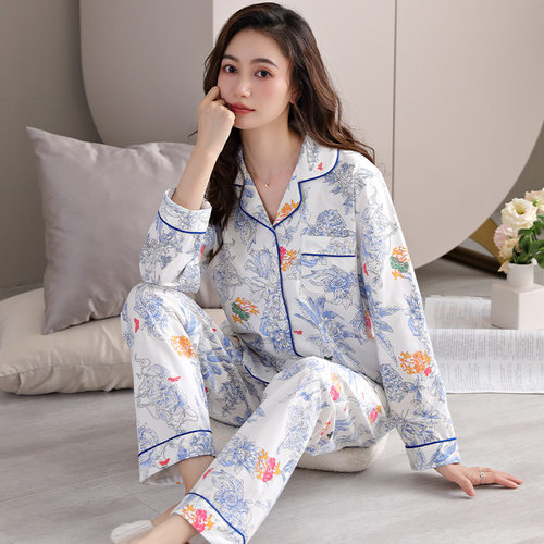 睡衣女全棉加大码开衫长袖翻领简约印花中老年妈妈全棉家居服套装