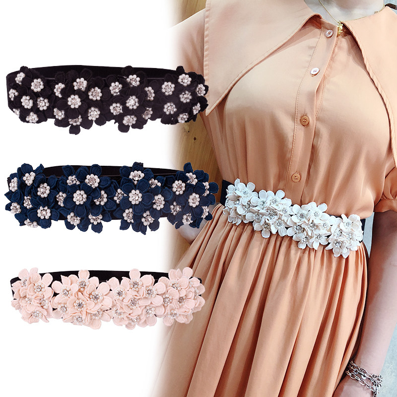 女士腰带装饰连衣裙外套百搭细腰封时尚松紧弹力复古花朵皮带优雅