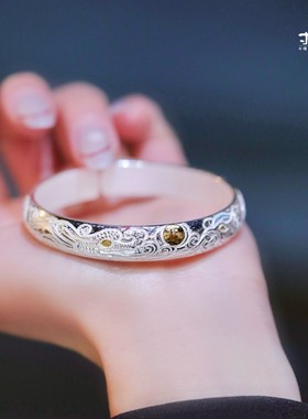 寸四定制款镶金龙凤呈祥纯手工浮雕999手镯 送礼佳品大师精品