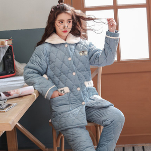 冬季法兰绒夹棉睡衣三层加厚珊瑚绒夹棉睡衣保暖上衣棉衣单件棉袄