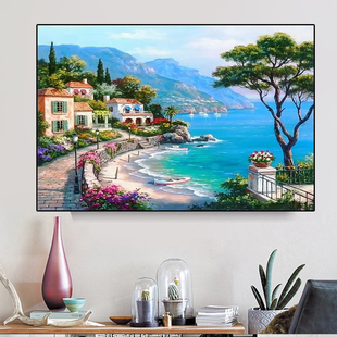 海港小镇十字绣新款简约现代客厅卧室海边风景山水画大格棉线满绣