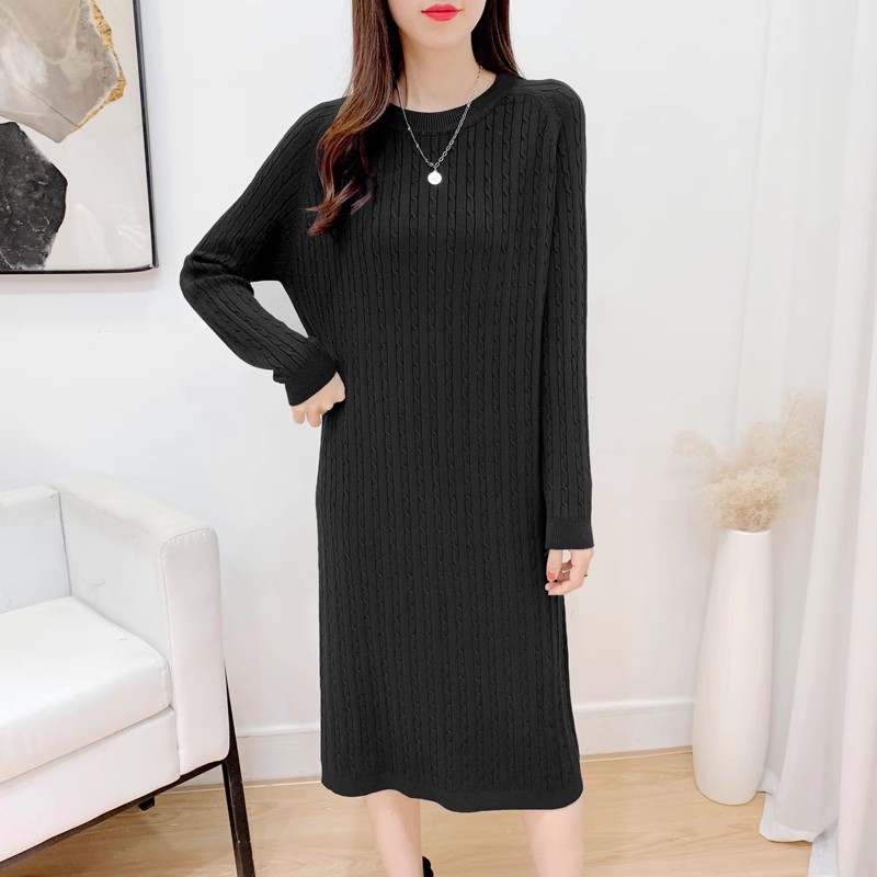 麻花针织连衣裙毛衣裙秋冬中长款