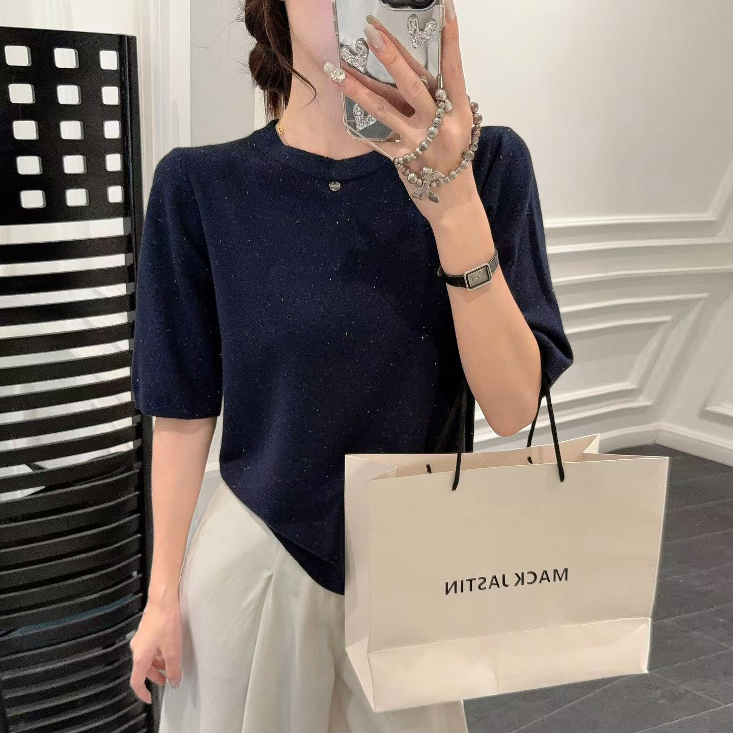 亮丝针织短袖T恤女2025夏季短袖洋气针织衫时尚百搭宽松气质上衣
