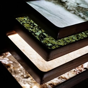 卡拉拉白发光茶盘石材置物盘ins小夜灯奢石白玉石黑胡桃木创意