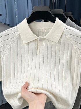 稻草人夏季条纹短袖POLOSH衫男翻领纯色休闲薄款半袖潮流针织上衣