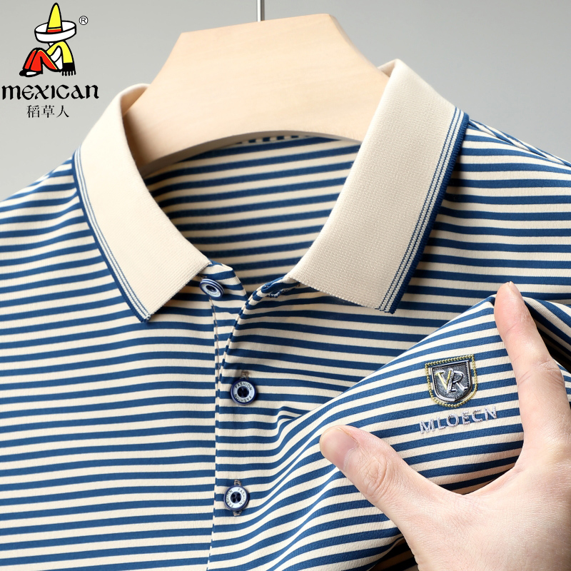 稻草人纯棉条纹短袖t恤男翻领中青年夏季新品休闲时尚百搭polo衫
