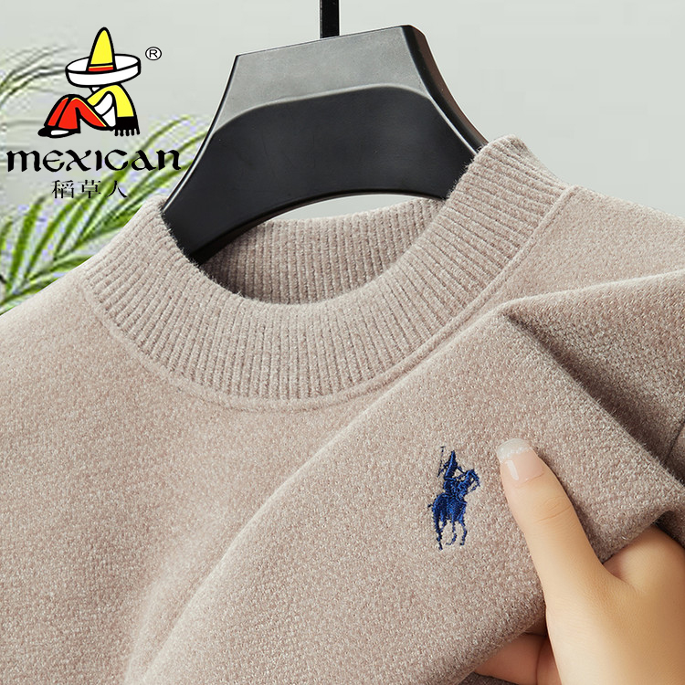 稻草人冬季男士圆领毛衣保暖一体绒纯色卫衣针织衫加绒加厚上衣男