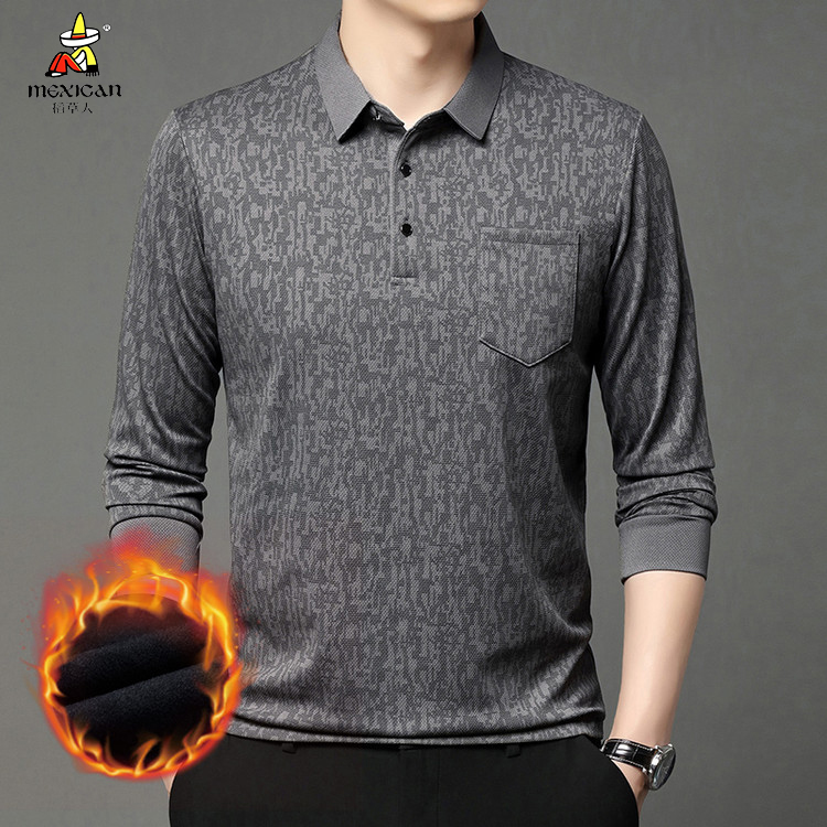 稻草人冬季加绒加厚毛衣男真口袋翻领polo针织衫保暖打底中老年男