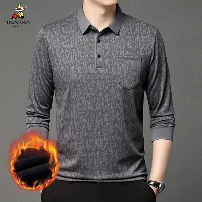 稻草人冬季加绒加厚毛衣男真口袋翻领polo针织衫保暖打底中老年男