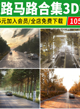 乡村公路现代城市外景车辆3Dmax源文件素材马路道路街道3D模型库