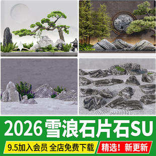 禅意新中式日式庭院雪浪石CAD条石片石泰山石景观置石SU模型石头