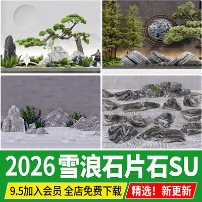 禅意新中式日式庭院雪浪石CAD条石片石泰山石景观置石SU模型石头
