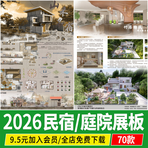 民宿设计建筑乡村室内改造分析图素材PSD排版模板别墅庭院PS展板