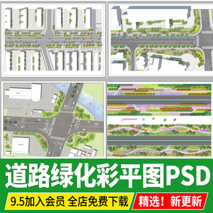 道路绿化带市政城市景观彩平平面图PSD分层源文件彩平图PS素材