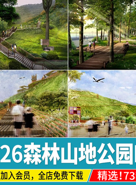 森林山地公园林下空间登山步道小溪涧景观效果图ps素材psd源文件