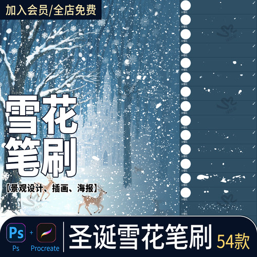 冬季圣诞雪花特效雪堆积雪下雪飘雪冰晶冰霜雪景ps+procreate笔刷