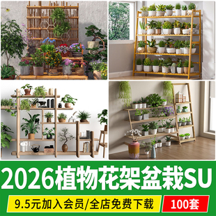 阳台植物盆栽多肉置物架多层木架子绿植装饰架草图大师su模型素材