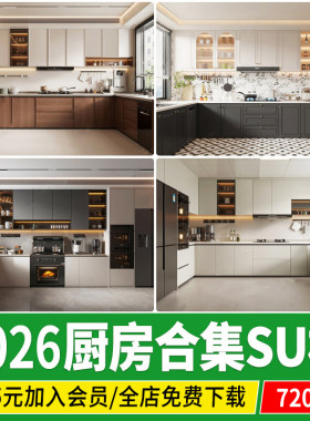 厨房橱柜su模型封闭式家居家装现代新中式美式中岛吧台草图大师
