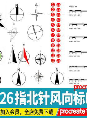 ps指北针比例尺图标建筑景观规划彩平图玫瑰风向标PNG图例psd素材