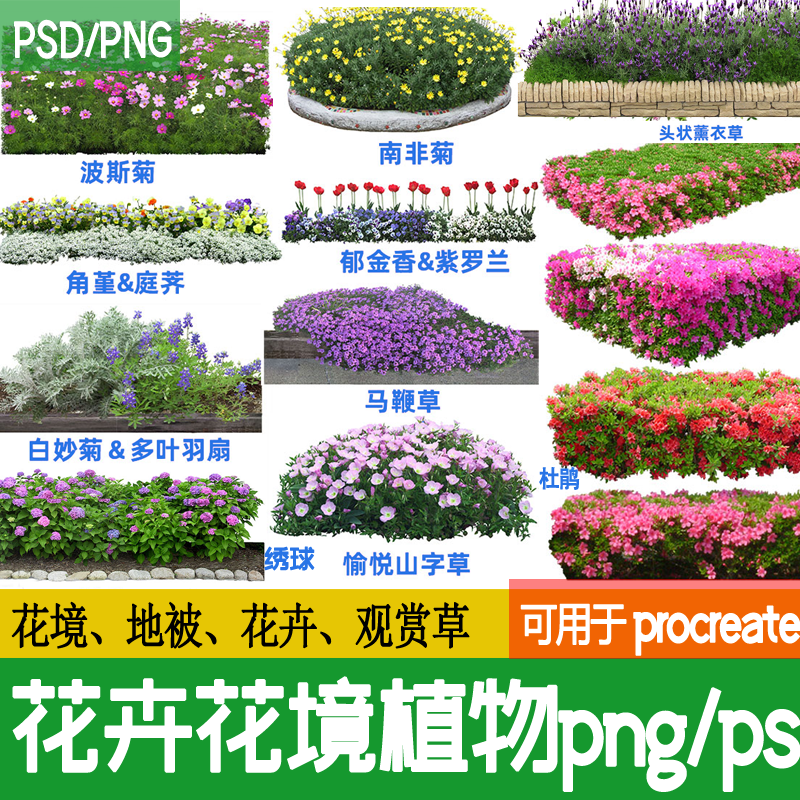 花坛花境花卉花镜植物地被ps素材png效果图procreate园林景观psd