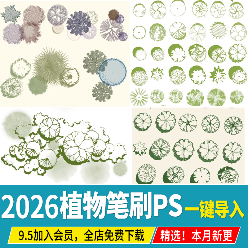 平面植物PS笔刷乔木灌木树木小清新灰色手绘风总平面彩平植物笔刷