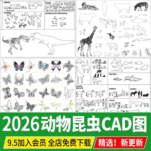 动物昆虫鸟类鱼类家禽蝴蝶花纹宠物图案平面立面CAD图库图块素材