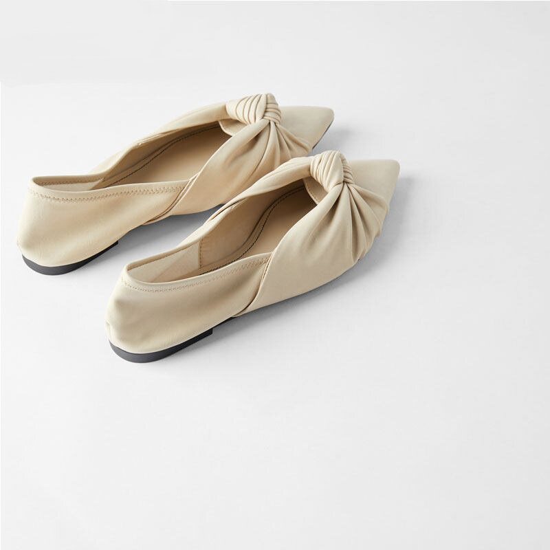 ZA WOMENS SHOES NUDE KNOT SOFT FLAT BALLET SHOES SINGLE SHOES WOMENS AUTUMN 2023 NEW POINTED-TOE SHALLOW VERSATILE WOMENS SHOES